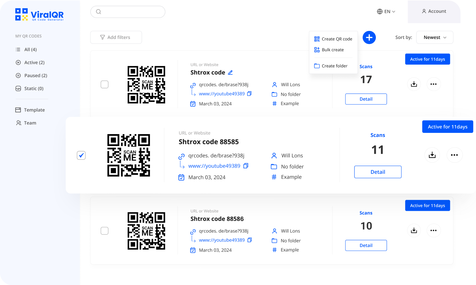 Painel de código QR da ViralQR