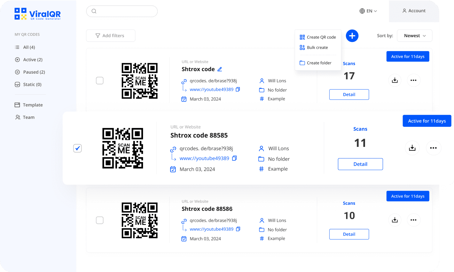 ViralQR Code Dashboard