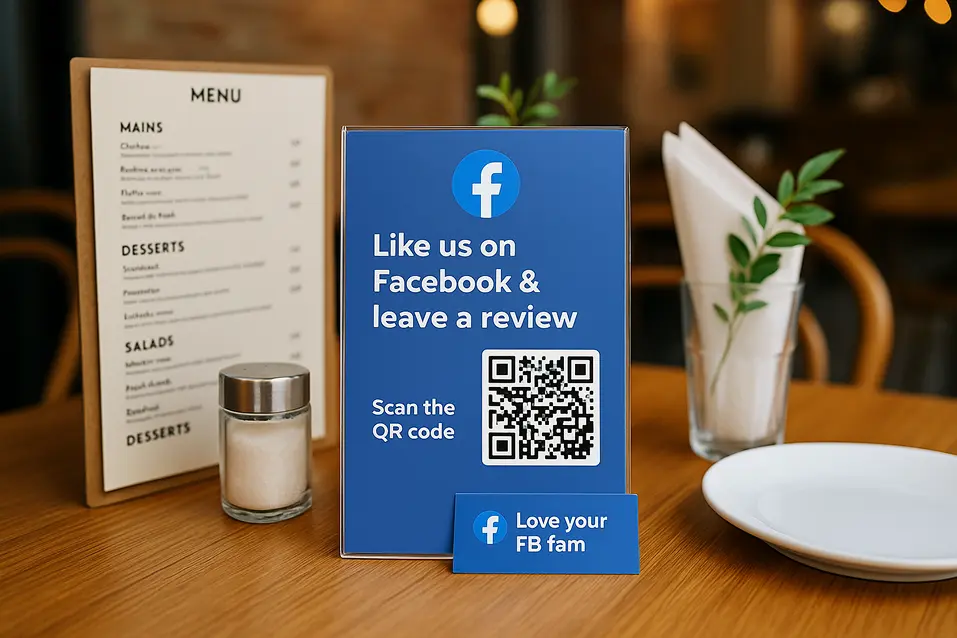 Cafe table tent with a Facebook QR code