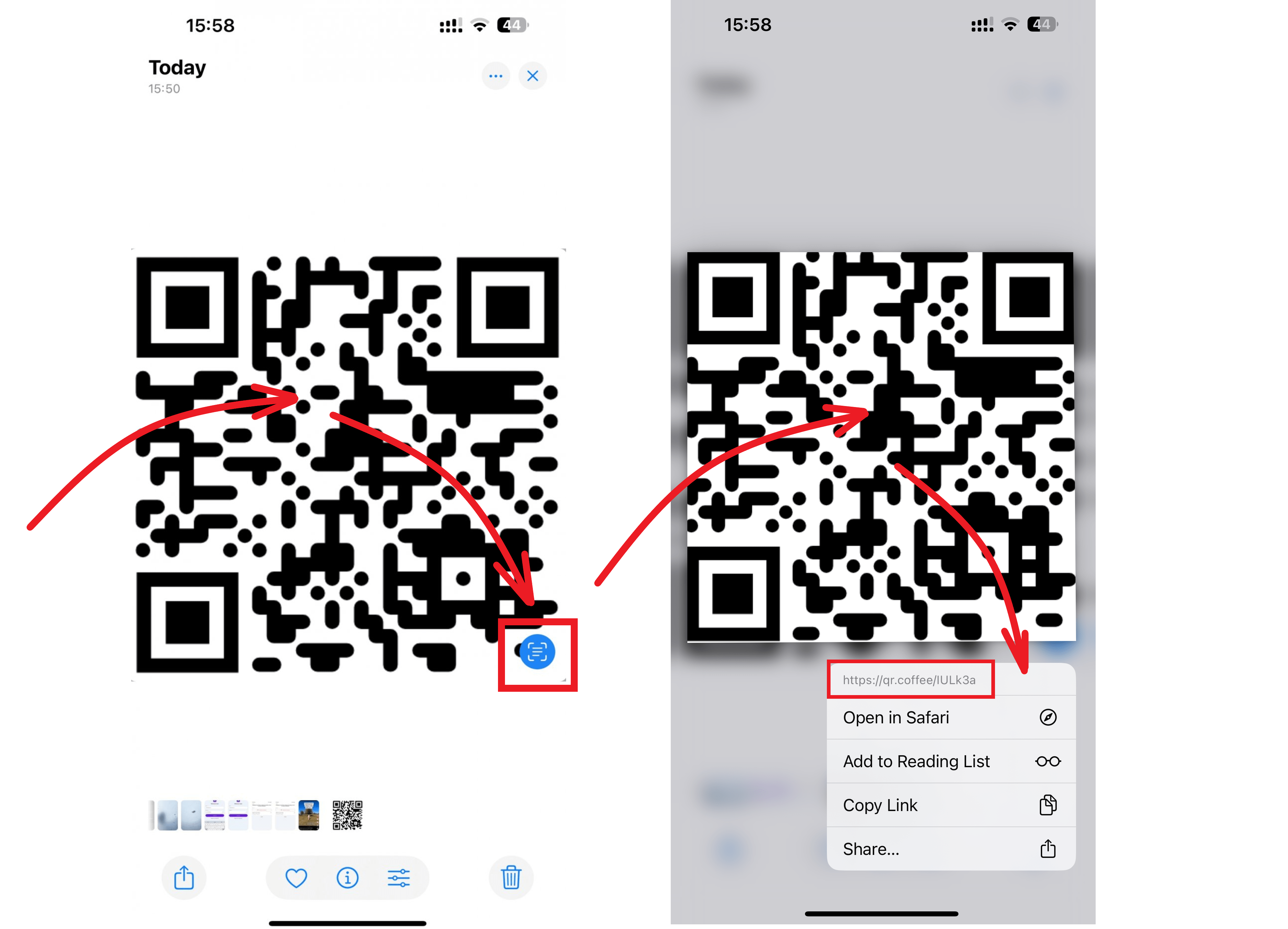 Scanning a QR code from a screenshot in the Photos app using Live Text