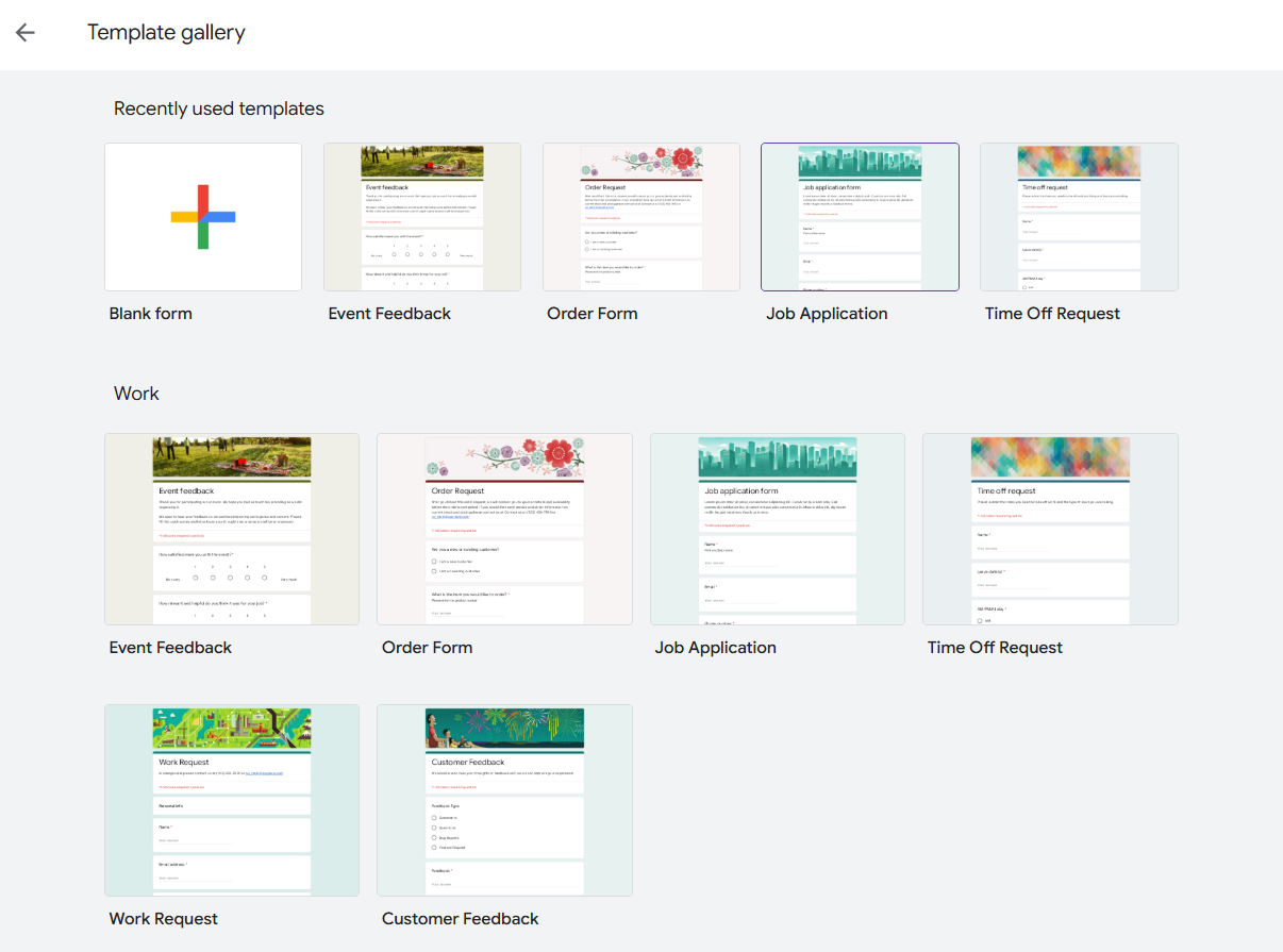 Google Forms template gallery